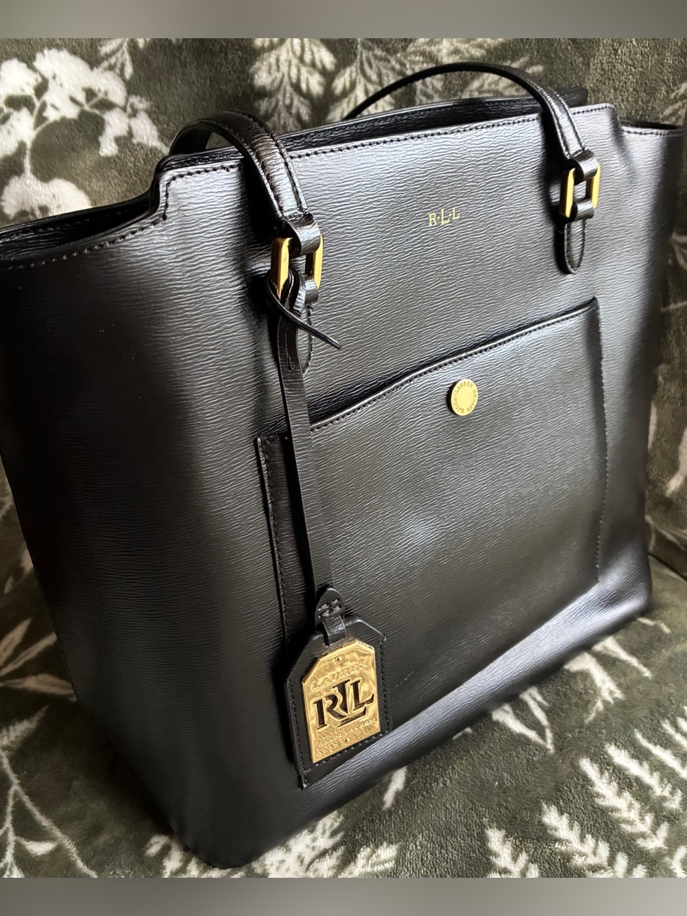 Ralph Lauren Black Leather Tote with Gold Accents